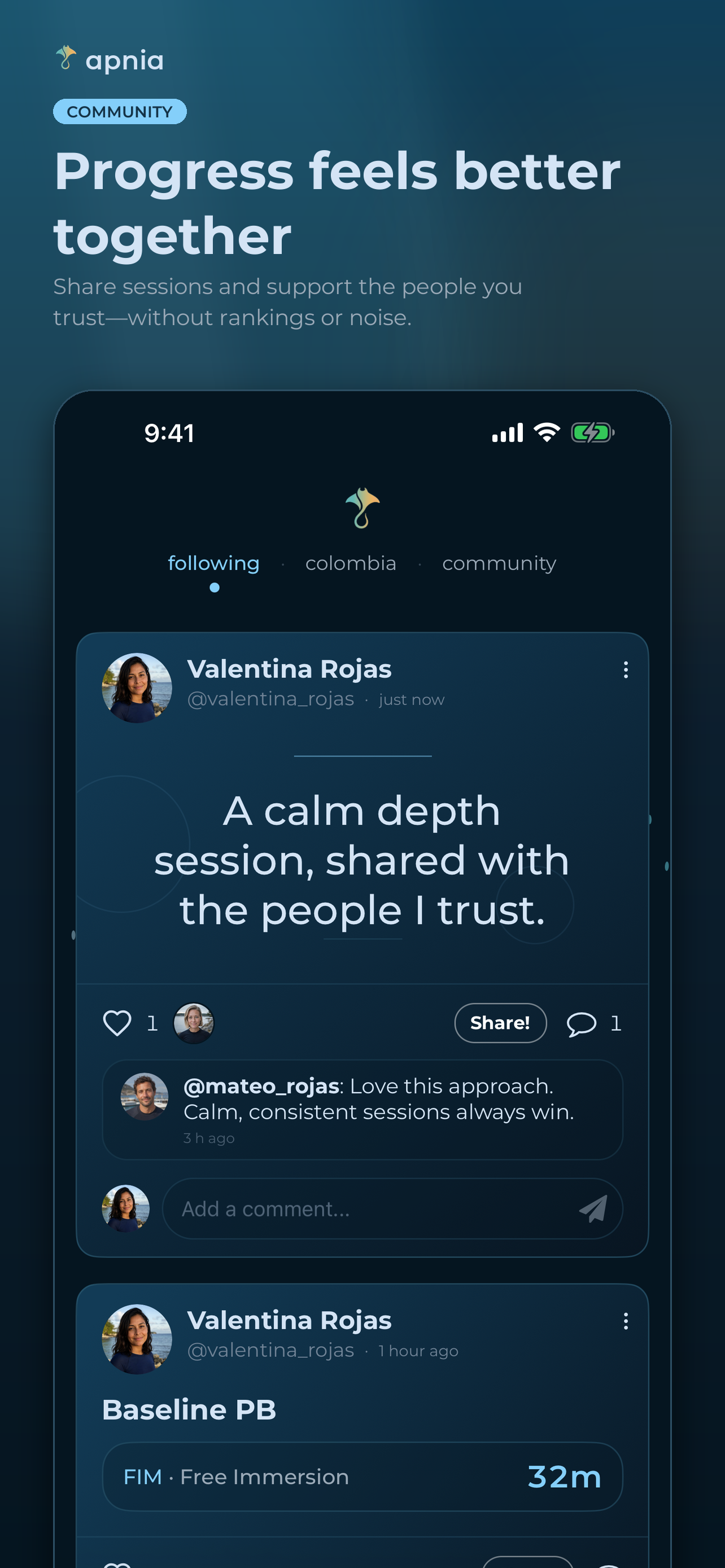 apnia community feed showing a freediver's training update, personal best, reactions, and comments