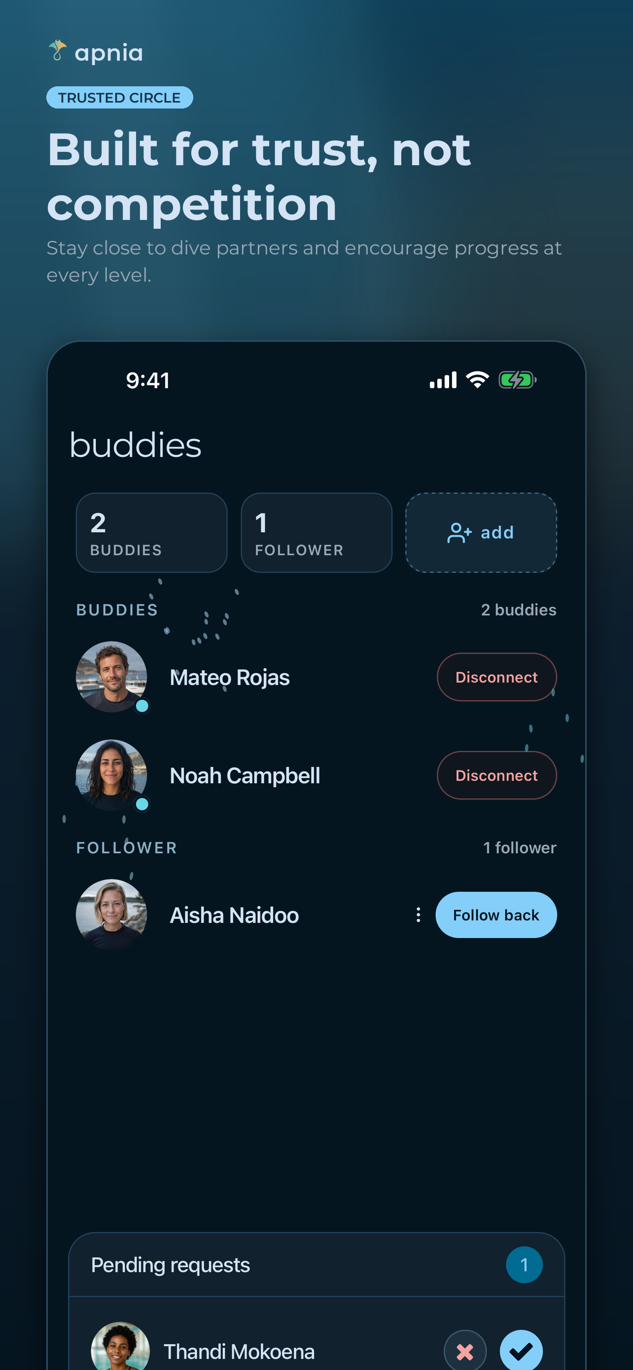 apnia buddies screen for finding and following trusted freediving partners
