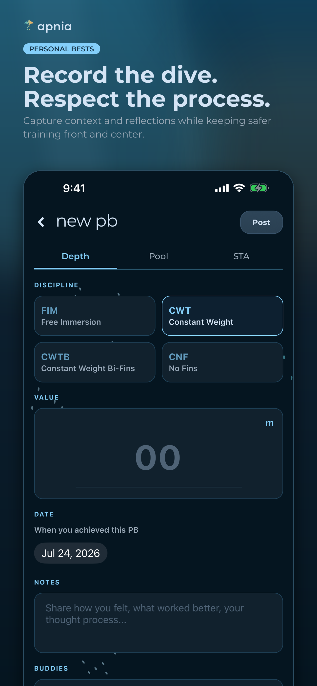apnia form for recording a freediving personal best with discipline, result, date, location, and notes
