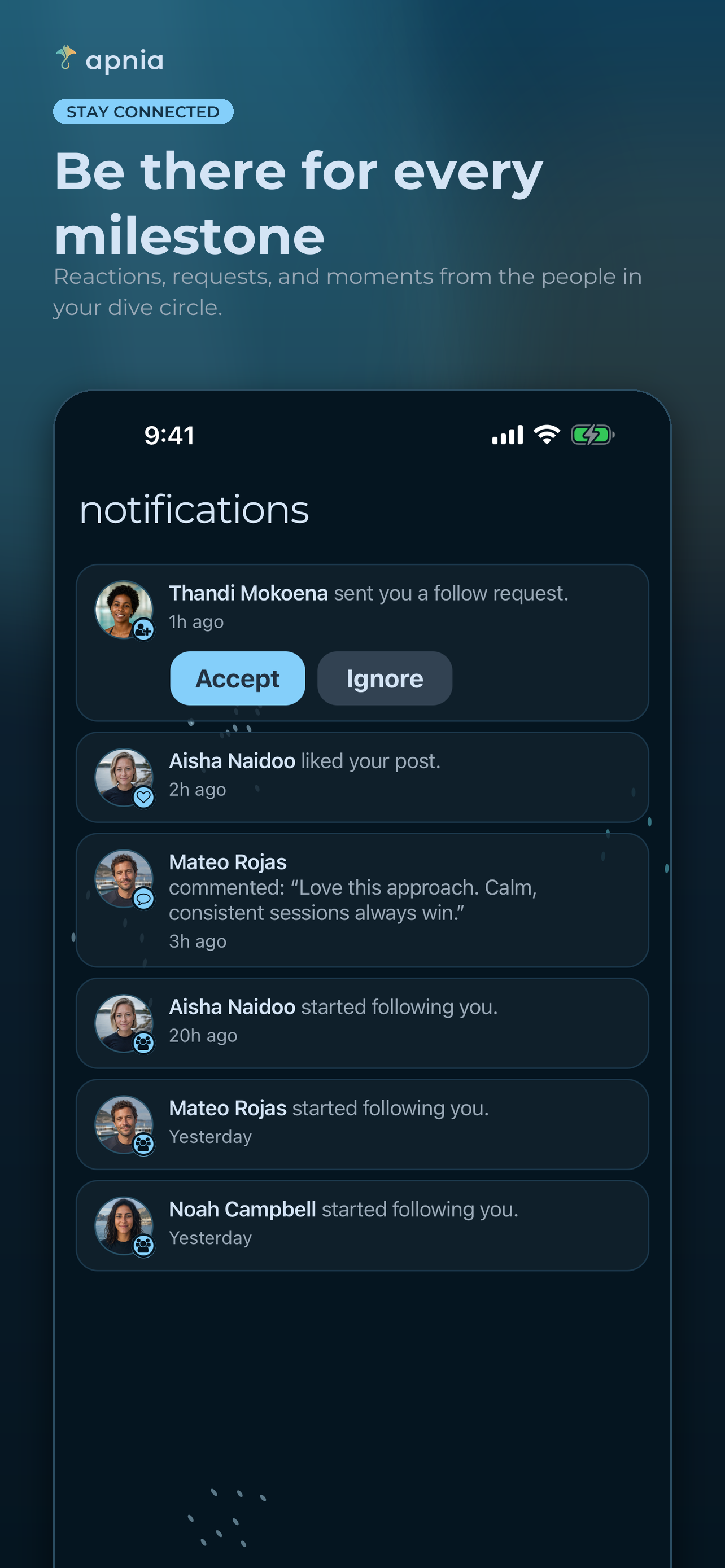 apnia notifications showing buddy requests, reactions, comments, and freediving personal best milestones
