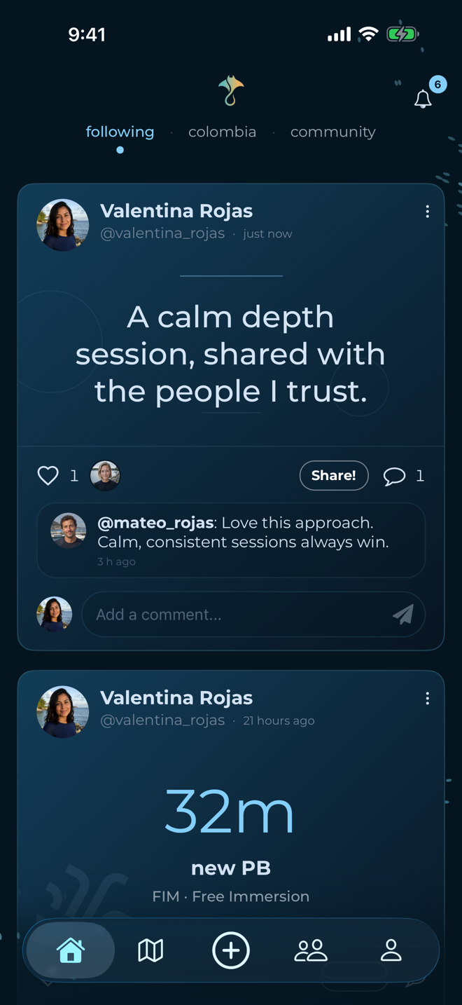 apnia community feed showing a freediver's training update, reactions, comments, and personal best